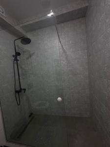 una ducha con puerta de cristal en un baño en Guest 19, en Kutaisi 5 fotos más