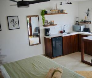 カンクンにあるComfortable studio with pool in the best locationのキッチン(カウンター、シンク、鏡付)