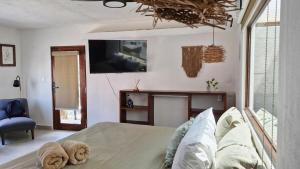 カンクンにあるComfortable studio with pool in the best locationのベッドと壁にテレビが掛かった寝室