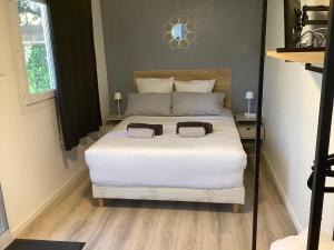 a bedroom with a large bed with two towels on it at Studio indépendant proche Aix en Provence avec jacuzzi in La Barben
