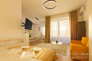 蒂米什瓦拉Sunset Da-Ra - Studio DeLuxe with Free Underground parking - by FullViewTour的一间卧室，里面有一张床、一张沙发和一张桌子