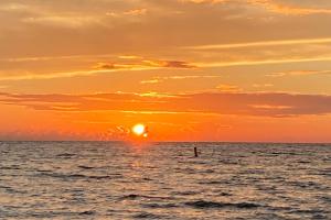 een persoon in de oceaan bij zonsondergang bij Islander's Outpost in Dunedin