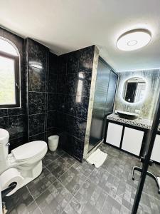 a bathroom with a toilet and a shower and a sink at The Quetzal in Cancún