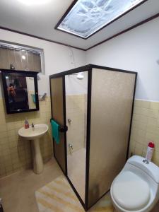 a bathroom with a shower and a toilet and a sink at The Cozy Cactus House B&B Cartago Centro English Spoken in Cartago