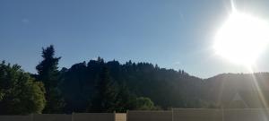 a sun is shining over a mountain with trees at Ferienwohnung Döll in Gernsbach