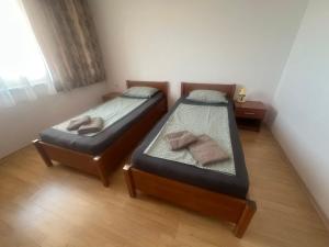 twee eenpersoonsbedden in een kamer met een raam bij Amartmán přímo u moře - Elenite až 5 osob in Sveti Vlas +18 foto's