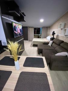 a living room with a couch and a flat screen tv at Apartamento em Guarapuava in Guarapuava