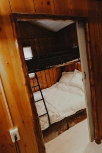 a small room with a bunk bed in a cabin at Lake Huron Lady of the Lake Cabin w HotTub, Sauna in Greenbush