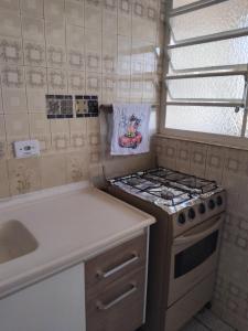 a small kitchen with a stove and a sink at Apartamento da mel in Águas de Lindóia