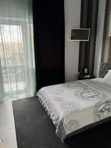 Un dormitorio con una cama y una ventana grande en Aeroport Rooms, en Chişinău
