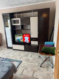 a living room with a couch and a tv and a chair at Аренда квартир Балхаш 1ком in Balqash +5 photos