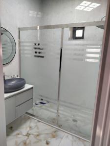 バクーにあるNovkhanı villaのガラスのシャワーと洗面台を備えたバスルーム