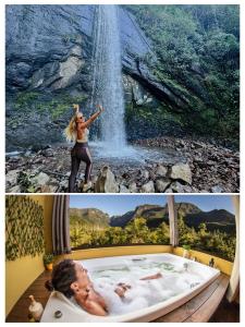 a woman standing in a bath tub next to a waterfall at Refúgio Ecológico Pedra Afiada in Praia Grande