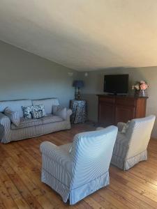 a living room with two couches and a tv at Cascina Ciosse apartament in Grognardo