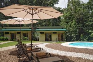 un patio con sillas y una sombrilla junto a la piscina en Fauna Lodge, en Drake
