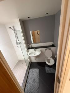 バーミンガムにあるStylish City Stay on Fleet Street, Modern Comfort in the Heart of Birminghamのシャワー、トイレ、洗面台を備えたバスルーム +14枚の写真