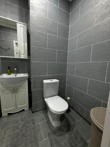 a bathroom with a white toilet and a sink at Rent&live calm place apartment in Crăsnăşeni +7 photos