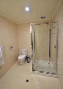 a bathroom with a shower and a toilet at Parklane Motel Murray Bridge in Murray Bridge