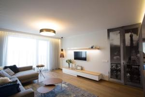 een woonkamer met een bank en een tv bij Angel in Druskininkai