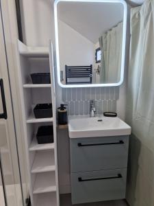 a bathroom with a sink and a mirror at Loft Moderne et Rénové - Idéal Pros & Familles - 1 à 4 pers - Wifi - 5 min de la Gare in Nogent-le-Rotrou +9 photos