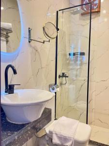 Un baño con lavabo y ducha de cristal. en Cleo Patra Pyramids Tower Inn, en Banī Ghālib