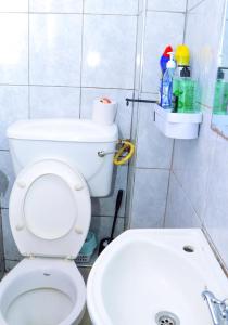 ein Badezimmer mit einer weißen Toilette und einem Waschbecken in der Unterkunft Betty Homes in Nairobi