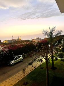 a car parked in a parking lot with flowers at Résidence calme et luxueuse in Dar Bouazza