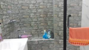 a bathroom with a shower with a stone wall at Le Grand Refuge des Lilas in Casablanca