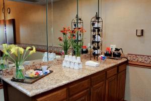 a bathroom counter with a sink and a mirror at University Square Hotel in Fresno