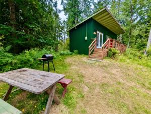 a green cabin with a picnic table in front of it at Green Hill at Rainier Lodge (0.4 miles from the entrance) in Ashford