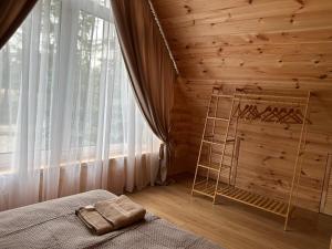 a bedroom with a ladder next to a large window at Dadajówka Domki przy plaży in Wilimy