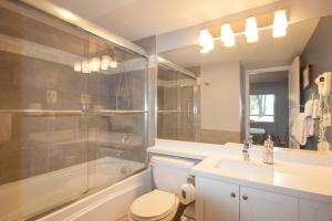 a bathroom with a toilet and a shower and a sink at 2BR Deer Lodge, Epic Location, Private Covered Patio, Free Parking in Whistler +8 photos