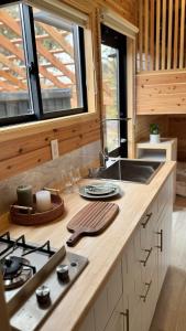 a kitchen with a stove and a sink in a cabin at Tiny Homes & Sauna NOZAWA in Iiyama +13 photos