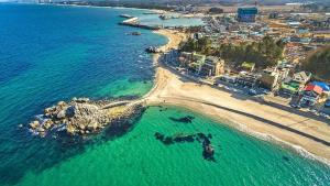 an aerial view of a beach and the ocean at Gangneung Badauibyeol Pension in Gangneung