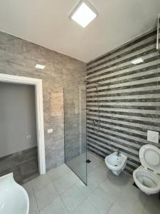 a bathroom with a shower and a toilet and a sink at Emma's Apartments in Tirana