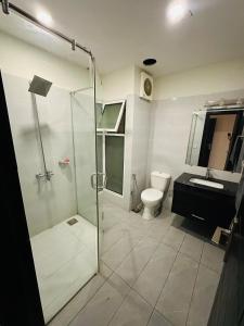 une salle de bain avec une douche, des toilettes et un lavabo dans l'établissement One bed comfortable luxury apartment, à Dargai