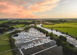 an aerial view of a marina with boats at York Marina in Naburn