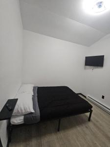 a bedroom with a bed and a flat screen tv at Cozy Camo Cottage #8 in Houston