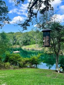 a bird feeder hanging from a tree next to a lake at Gated Estate Escape! Three BR in Bastrop