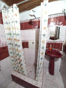 Un baño con inodoro y ducha con lavabo. en Apto Suyana, en Cusco