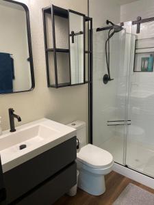 a bathroom with a sink and a toilet and a shower at Modern Mountainside Cabin in Bella Vista +18 photos