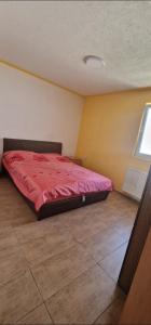 a bedroom with a red bed in a room at Vuk apartman in Petrovaradin