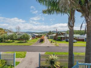una calle en un barrio residencial con una palmera en Charming Family Retreat - Cozy 3 Bedroom & 3 Bathroom, en Whitianga