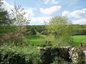 a garden with a stone wall and a green field at Cragg Cottage in Bouth +13 photos