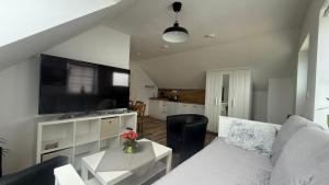 a living room with a couch and a flat screen tv at Ubytování U Kocábů in Drnholec