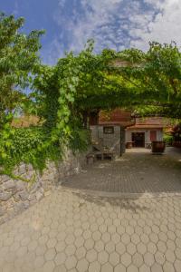a patio with a bench and a stone wall at Zidanica Krošelj in Raka