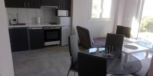 a kitchen and dining room with a table and chairs at Alivka Apartments in Apolpaina +7 photos