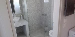a bathroom with a shower and a toilet and a sink at Alivka Apartments in Apolpaina
