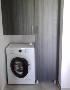 a washing machine in a room with a cabinet at Alivka Apartments in Apolpaina