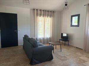 a living room with a couch and a television at Petit paradis in Saint-Antonin-Noble-Val